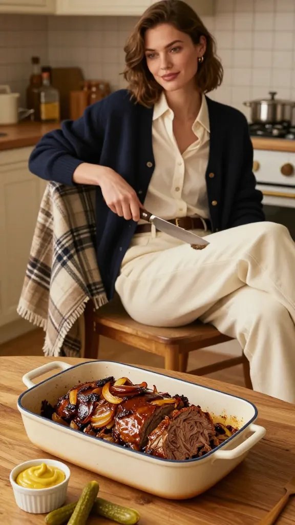 A warm, nostalgic kitchen-dining scene featuring a homey, retro-meets-modern aesthetic. In the foreground, a vintage speckled enamel roasting pan rests on a wooden table, revealing a glossy, caramelized onion-glazed meatloaf sliced to reveal a rich, moody interior. Beside it, a small ramekin of sharp mustard and a few pickles are arranged to echo the recipe’s flavor balance. The main subject, the meatloaf, is styled as if it’s the centerpiece of a cozy family meal. The accompanying outfit pieces appear as a well-styled, fashion-forward interpretation: a navy cardigan draped over the shoulders of a seated model, cream high-waisted trousers with a relaxed, flattering silhouette, and beige ankle boots with a classic leather belt cinching the waist of a soft, cream blouse peeking out. The setting includes a warm, amber-hued kitchen light, soft shadows, and a plaid or neutral-toned throw blanket folded invitingly on a nearby chair, suggesting a cozy indoor picnic vibe. The model poses naturally, perhaps slicing the meatloaf with a vintage knife, with an expression of contentment and homey charm. The overall image should feel editorial, high-resolution, and candid, capturing the sweet-savory contrast and a sense of nostalgia without any text in the frame.
