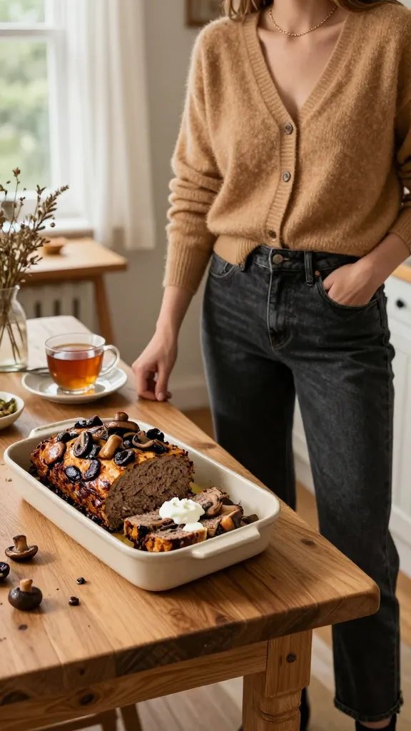A high-quality, realistic photo of a stylish, cozy kitchen-dining scene set for a rainy Sunday dinner. The main subject is a warmly dressed person wearing a light camel cardigan, charcoal straight-leg jeans, black ankle boots, and a delicate gold thin chain necklace. They stand at a rustic wooden kitchen island with a large, freshly baked mushroom-scented meatloaf resting on a simple ceramic loaf pan, sliced to reveal a moist, crumbly interior and sautéed deeply browned mushrooms visible in the top crust. A dollop of sour cream or yogurt sits invitingly on the first slice, adding a creamy finish. Soft natural light from a window with sheer curtains highlights the earthy tones and textures: caramel cardigan, charcoal denim, and the glossy brown mushrooms. In the background, a cozy dining nook with a small vase of dried herbs, a cup of tea, and a plate with a few more slices conveys a comforting, veggie-forward, rustic-elegant vibe. The overall mood is warm, inviting, and intimate, with shallow depth of field focusing on the loaf and the stylish subject. No text on the image.