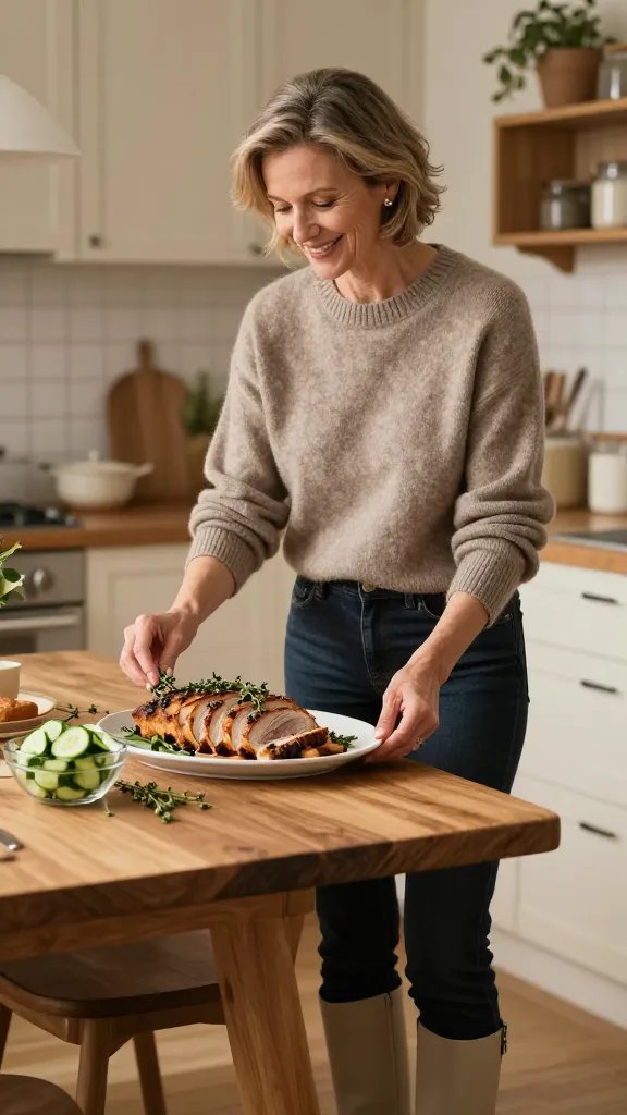 A high-quality, editorial-style lifestyle image featuring a warm, inviting kitchen scene with a homey, grandmotherly charm. Center the main subject: a smiling, stylish home cook presenting a perfectly plated He rbed Pork-Turkey Hybrid dish on a rustic wooden dining table. The plate showcases a neatly sliced, pan-seared loaf with visible herbs (sage and thyme) sprinkled on top, accompanied by a small side of crisp cucumber salad in a clear glass bowl. The subject wears a soft taupe knit sweater, dark denim leggings, and beige knee-high boots, with simple stud earrings, standing casually with one hand resting on the table and the other lightly brushing a sprig of fresh thyme. The background features warm, natural lighting, a light cream kitchen with wooden accents, and subtle flourishes of greenery. The overall mood is casual weeknight comfort meets stylish restraint, with a complementary color palette of taupe, beige, dark denim, and soft greens, conveying a laid-back dinner party or family meal vibe. No text on the image.