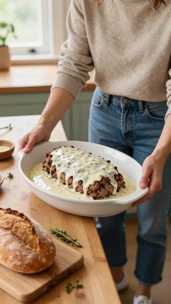 A high-resolution, realism-style photograph of a warm, inviting kitchen-dining scene featuring a cheerful home cook presenting a creamy ranch-style meatloaf on a rustic white ceramic platter, drizzled with a milky glaze. The cook is a person wearing a neutral beige turtleneck, dusty blue jeans, and white sneakers, accessorized with delicate silver hoops. The setting includes natural light streaming through a window, a wooden countertop with a crusty loaf of bread on a cutting board, and a few fresh herbs scattered nearby. The overall mood is cozy and casual, perfect for a Sunday dinner or movie night at home. The image should convey tenderness and comfort, with the meatloaf as the focal point and subtle, inviting textures from the glaze and bread. No text or logos on the image.