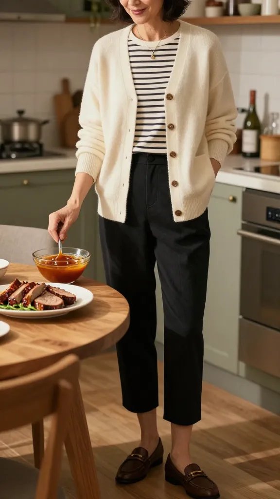 A stylish, cozy dinner-at-home scene featuring a female main subject who embodies a modern grandma-chic aesthetic. She stands at a softly lit kitchen or dining nook, wearing a cream cardigan layered over a striped tee, and black culottes paired with brown loafers. A delicate pendant necklace rests at her collarbone, and a small glass bowl of glossy Dijon glaze is in her hand or resting on the countertop, showcasing the smooth, well-whisked texture. The setting includes a wooden dining table with a simple, elegant plate of lightly glazed Dijon-infused meatloaf slices, a few fresh herbs for garnish, and a softly blurred background that suggests a date-night-at-home or book-club vibe. The lighting is warm and natural, casting gentle shadows that highlight the glossy glaze and the cream cardigan’s texture. The overall mood is classy, comforting, and intimate, with a focus on timeless outfits and subtle sophistication. No text on the image.