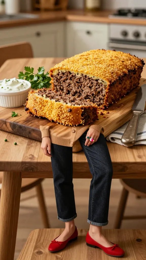 A high-resolution, editorial-style photograph of a warm, inviting kitchen dining scene featuring a generous slice of savory cornbread crust meatloaf on a rustic wooden cutting board. The meatloaf has a golden-brown cornmeal crust with a light, textured surface, sliced to reveal a juicy, well-seasoned interior. Surrounding props include a small ramekin of cool ranch dip, a sprig of fresh parsley, and a vintage knife resting beside the board. The main subject should be the meatloaf, styled to resemble a centerpiece dish, with natural, soft lighting that highlights the crust’s texture. In the foreground, a model stands or sits in a fashion-forward still-life pose: wearing a light camel cardigan, dark wash jeans, and red flat shoes, with a bold ring set visible on the hand resting near the board. The outfit should appear cohesive with the food styling, suggesting a homey, nostalgic vibe while maintaining a modern, polished look. The background features a cozy kitchen nook with warm tones and subtle textures, ensuring the meatloaf remains the focal point. No text on the image.