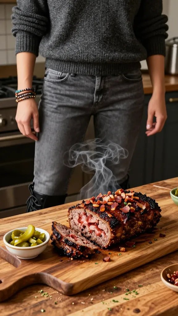 A high-resolution, hyper-realistic fashion photography scene featuring a stylish home chef in a cozy, rustic kitchen setting. The main subject stands centered, wearing a charcoal knit sweater, charcoal-wray textured look, fitted grey jeans, and black combat boots. The scene showcases a sizzling bacon-studded meatloaf resting on a rustic wooden cutting board placed on a worn butcher-block counter. Delicate wisps of smoke curl upward as the loaf is sliced to reveal a juicy interior with crispy bacon bits visible on the crust. Accessories include stacked bracelets on one wrist for a casual, tailgate-ready vibe. Styling accents: tiny bacon crumbles artfully sprinkled on top of the loaf before baking, a side dish of sharp pickle relish in a small vintage ceramic bowl, and a subtle garnish of chopped herbs around the plate. Warm, natural lighting casts gentle shadows, emphasizing textures—the chunky bread crumb crust, glossy meat, and the rugged fabric of the outfit. The overall mood is casual family dinner meets weekend stew, with a savory centerpiece, no text overlays.