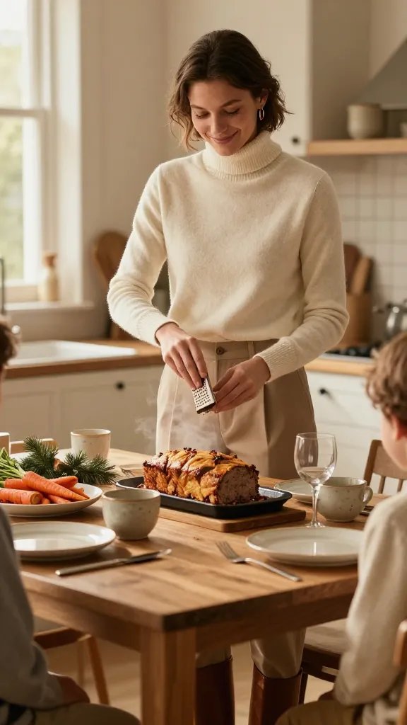 A high-resolution, lifestyle fashion photography scene of a stylish home dinner setting featuring a warm, cozy kitchen table for a family meal. The main subject is a poised, fashion-forward individual wearing a cream turtleneck, beige tailored trousers, and brown knee-high boots, accessorized with delicate gold hoop earrings. The person stands near the table, smiling softly, with a whisper of nutmeg being grate over a golden-brown meatloaf centerpiece. Soft, natural lighting filters through a window, casting warm amber tones. Surrounding elements include a side dish of roasted carrots, rustic ceramic serving ware, a subtle holiday-inspired greenery accent, and a light mist of steam rising from the loaf to imply just-out-of-the-oven aroma. The color palette is warm neutrals—creams, beiges, browns—with pops of orange from the carrots. The composition emphasizes cozy, intimate family-dinner vibes, with a shallow depth of field to gently blur the background while keeping the subject and meatloaf in sharp focus. No text or branding visible in the scene.