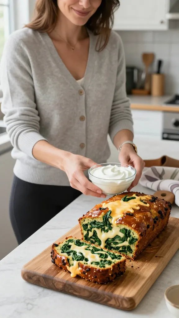 A realistic, high-quality photo of a cozy kitchen scene featuring a warm, homey spinach and cheese loaf on a rustic wooden cutting board, sliced to reveal a vibrant green spinach interior with ribbons of melted cheese. In the foreground, an elegantly dressed model stands near the counter wearing a light gray cardigan, soft black leggings, and brown mules, with a minimalist watch subtly visible on her wrist. The model offers a gentle, confident smile and holds a small bowl of tangy yogurt sauce with a light drizzle over the loaf, while a towel in the background hints at pressing moisture from spinach. Natural daylight streams through a window, highlighting the glossy finish of the loaf and the creamy sauce, with a simple, uncluttered kitchen backdrop to emphasize a weeknight-friendly, kid-friendly, and casual supper club vibe. No text on the image.