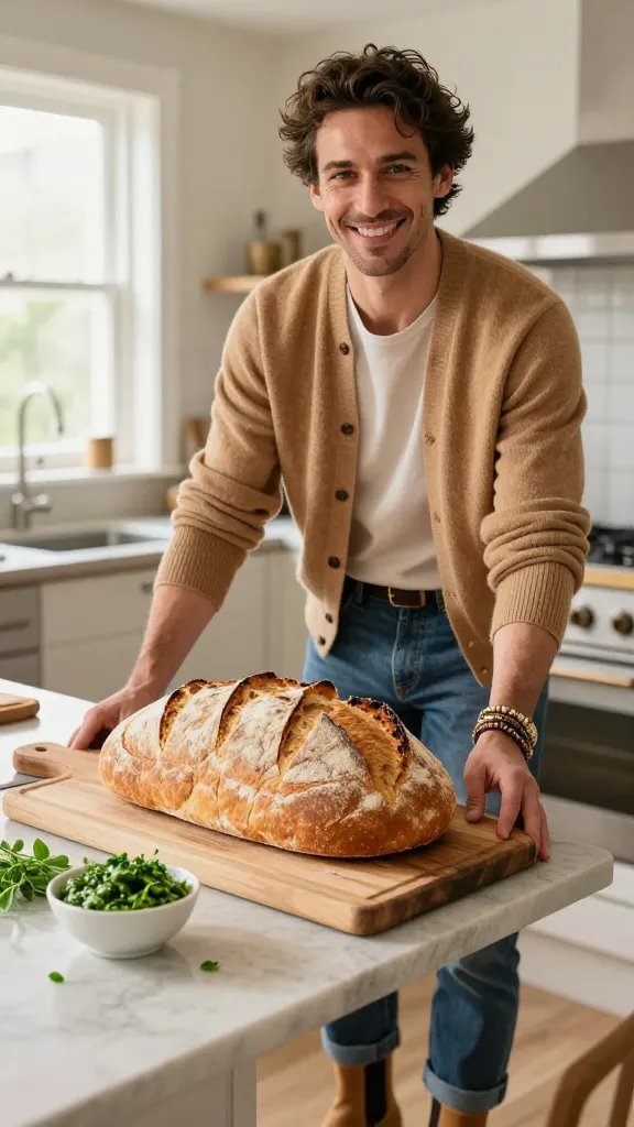 A warm, inviting kitchen scene with a radiant home chef presenting a perfectly crusted loaf on a wooden cutting board. The main subject is a confident, smiling person styled in soft camel cardigan, indigo jeans, and tan Chelsea boots, accessorized with layered bracelets. They stand beside a large loaf featuring a light, crisp panko crust, cut slightly to reveal a tender interior, with a small bowl of bright herb chutney artfully placed nearby. The composition includes a neutral-toned kitchen backdrop, natural daylight streaming through a window, and a few fresh herbs for garnish. The overall mood is cozy, vintage-inspired yet modern and crisp, emphasizing a crowd-pleasing centerpiece ready for big family gatherings. No text on the image.