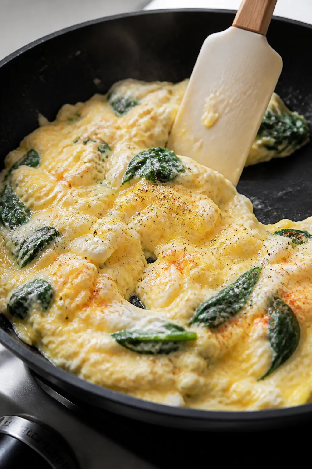 Close-up cooking process: Soft curds of egg whites gently being pushed from the skillet edge toward
