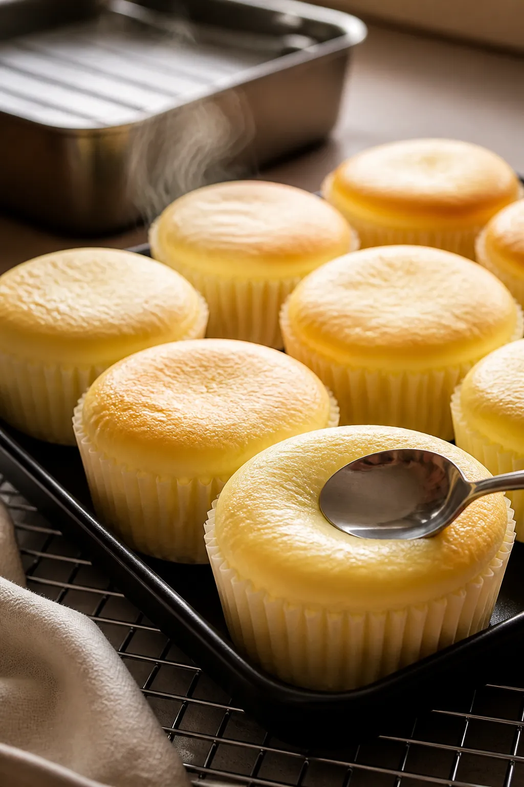 Close-up detail, cooking process: A tray of freshly baked Japanese cotton cheesecake cupcakes just a