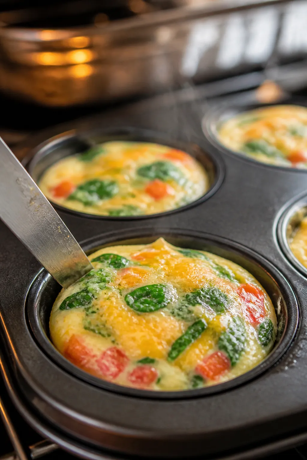 Close-up detail, cooking process: Muffin-tin egg bites just out of the oven, centers barely set and