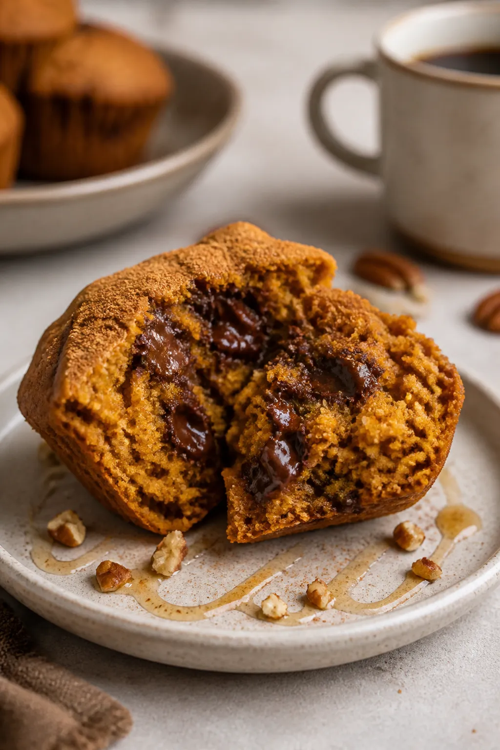 Close-up detail of a split-open flourless pumpkin muffin on a small ceramic plate, interior crumb mo