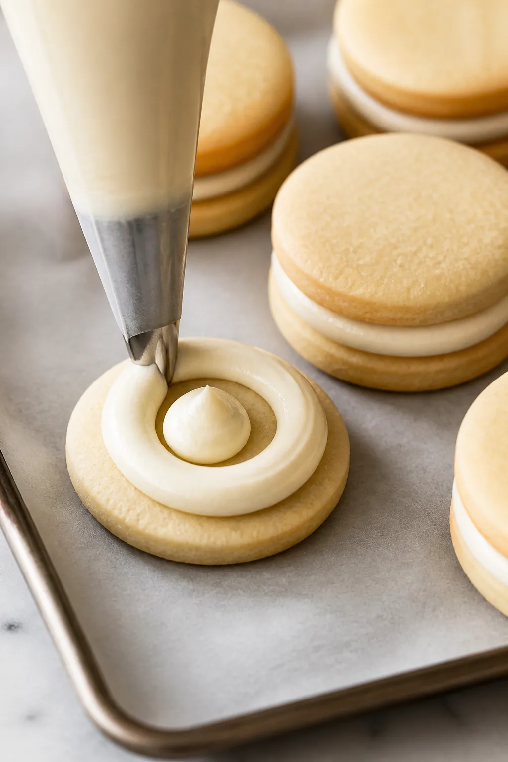 Close-up detail of assembled sandwich cookies being filled: a neat pair of pale-gold, tender butter