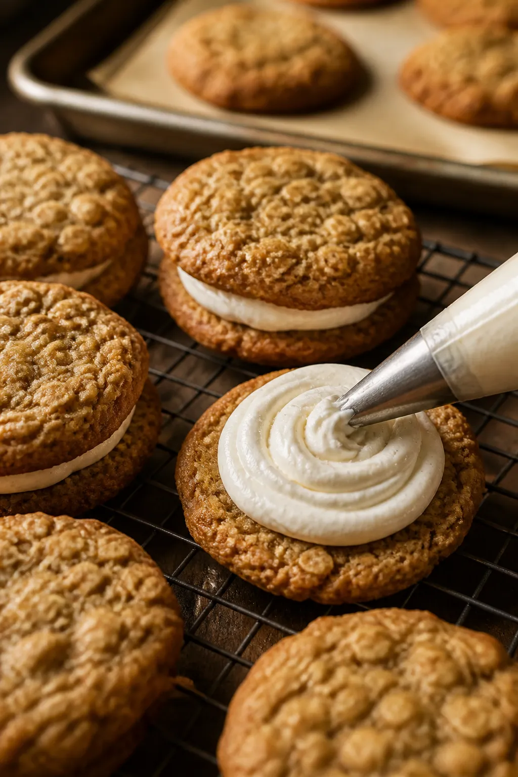 Close-up detail, process shot: Freshly baked oatmeal cookies cooling on a wire rack, paired by size