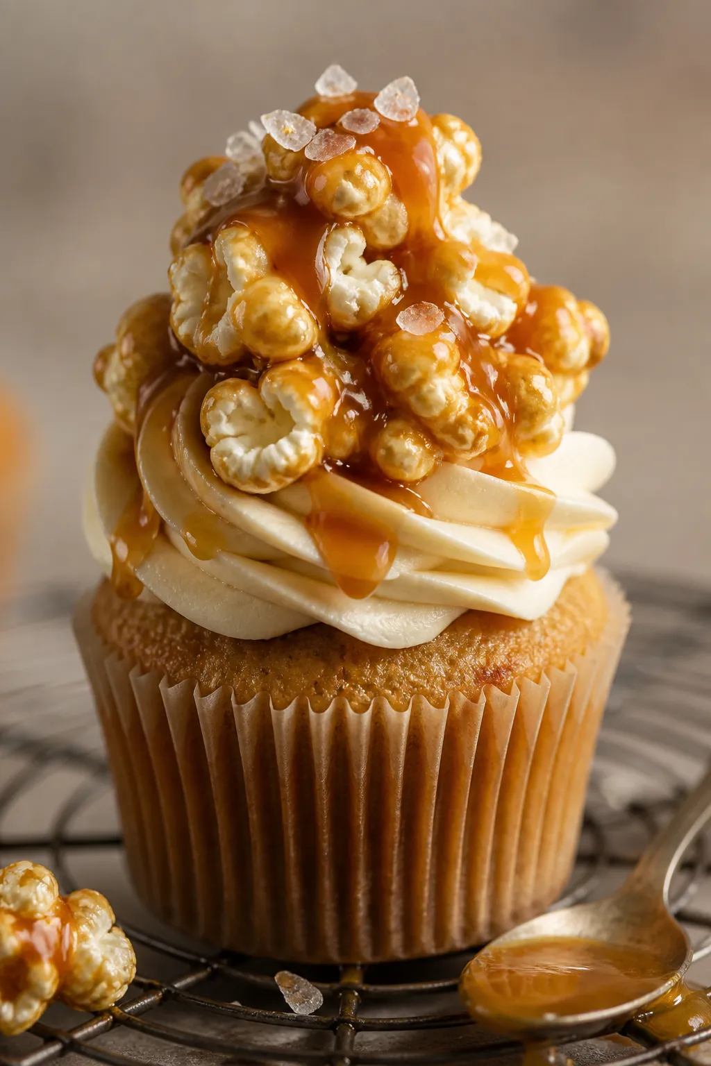 Close-up detail shot: A freshly frosted caramel popcorn cupcake with a tall buttercream swirl anchor
