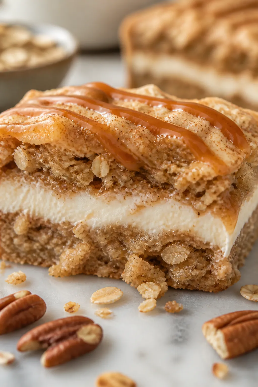 Close-up detail shot: A freshly sliced oatmeal cream pie bar made with a soft, cinnamon-kissed oat c