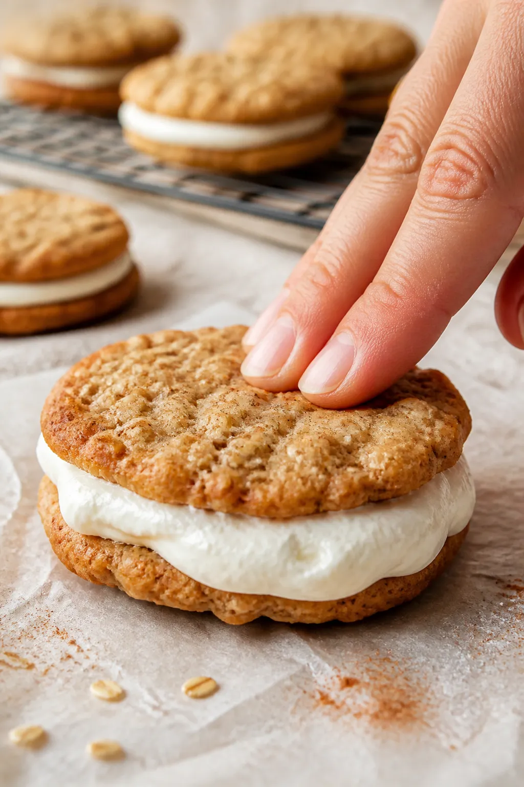 Close-up detail shot: A just-assembled oatmeal crème pie cookie being gently pressed together so th