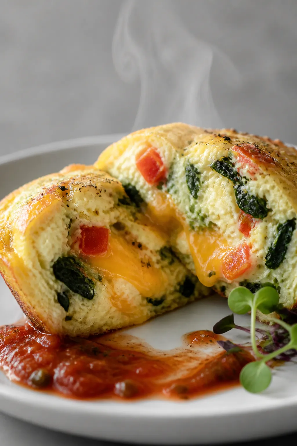 Close-up detail shot: A just-baked cottage cheese egg bite cut open to reveal a silky, custardy inte