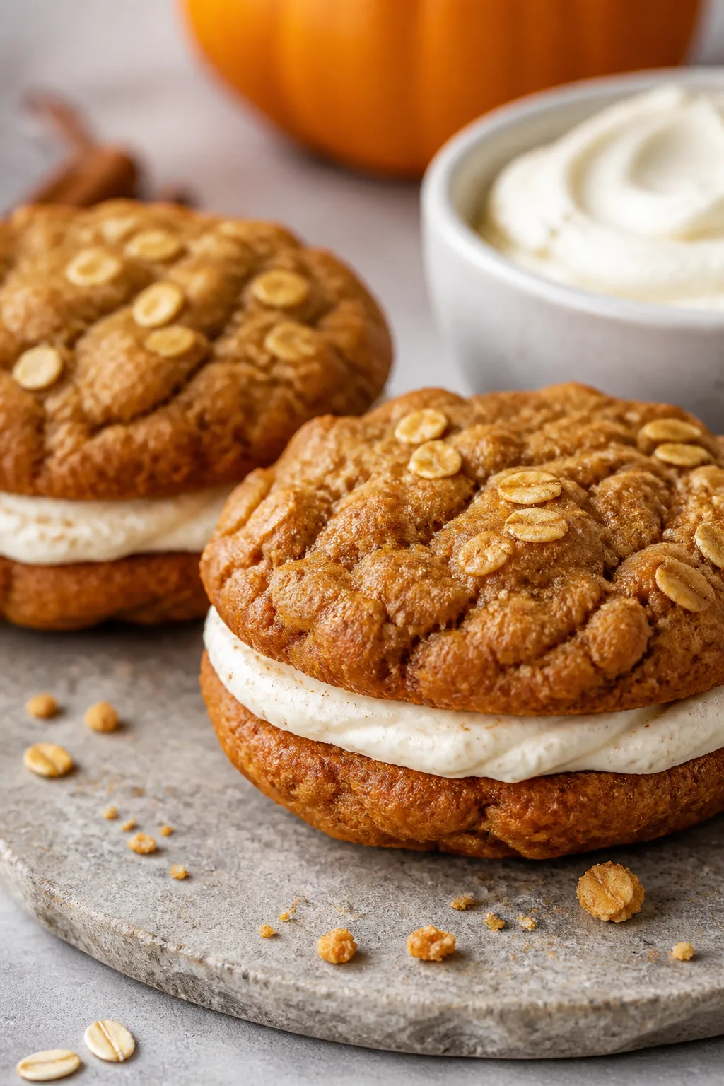 Close-up detail shot: A pair of assembled pumpkin oatmeal cream pies, one slightly pressed to show f