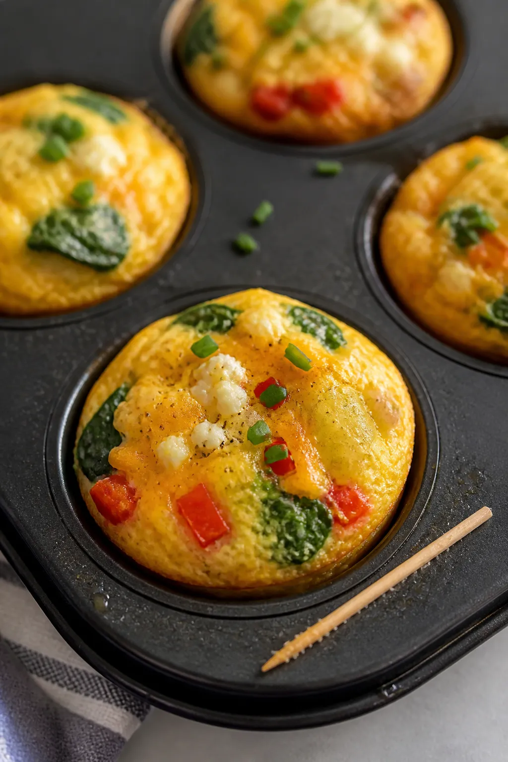 Close-up detail shot: golden, just-baked egg cups in a muffin tin, tops slightly puffed and set with
