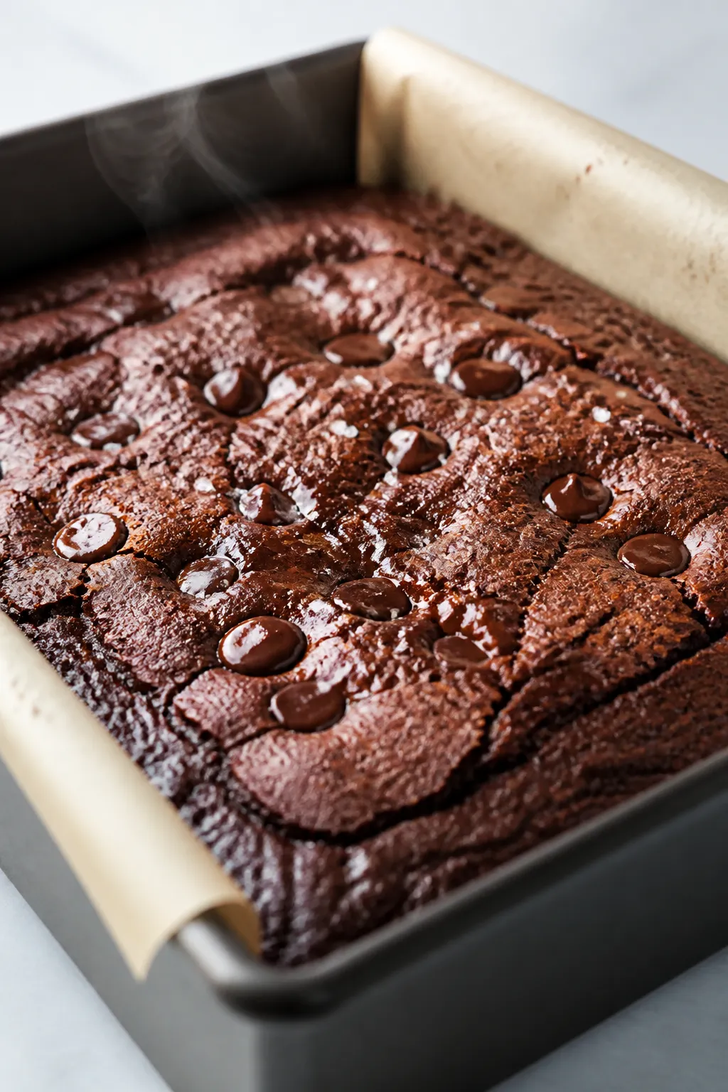 Close-up detail shot of freshly baked keto brownies just out of the 8x8 pan, edges set with a slight