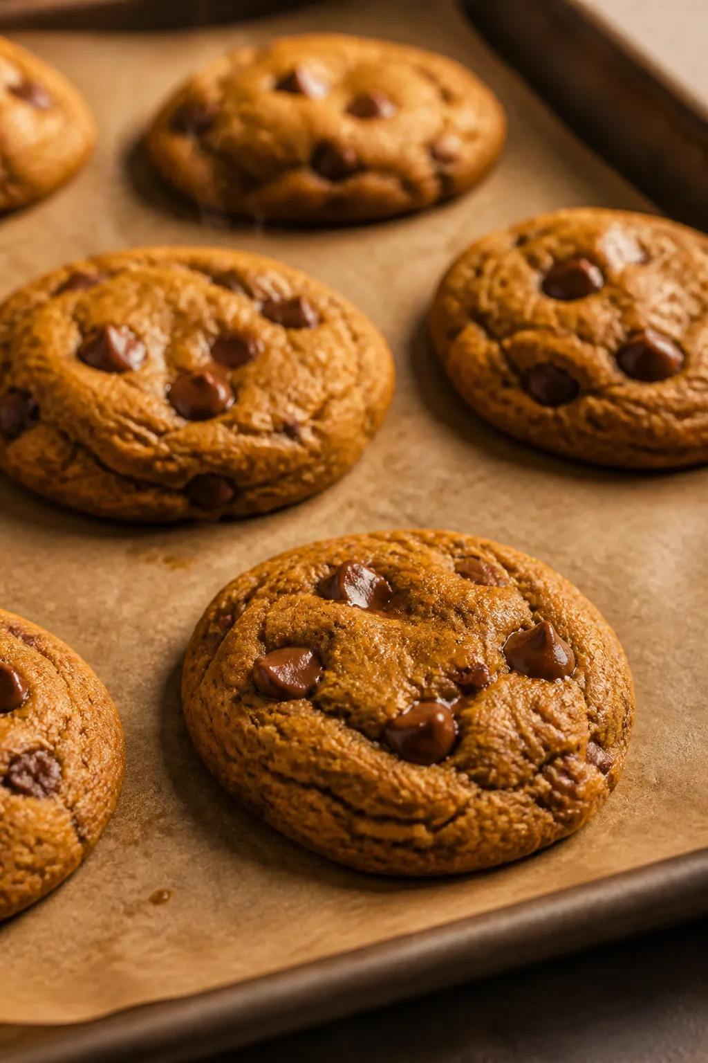Close-up detail shot of freshly baked pumpkin pudding cookies resting on a parchment-lined sheet pan