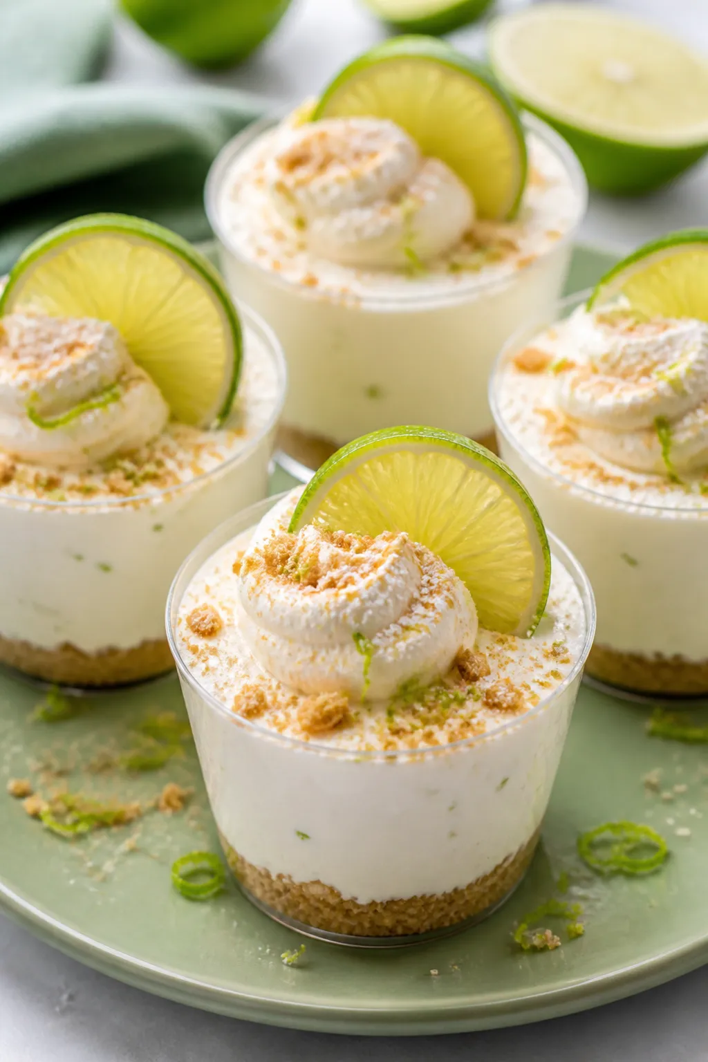 Close-up final presentation of chilled no-bake key lime cheesecake cups: ultra-creamy, set mousse wi
