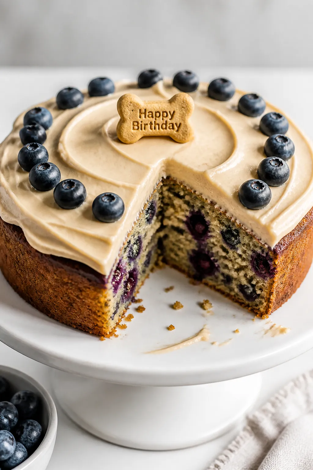 Close-up final presentation of the frosted blueberry dog cake on a simple white cake stand: thin, sm