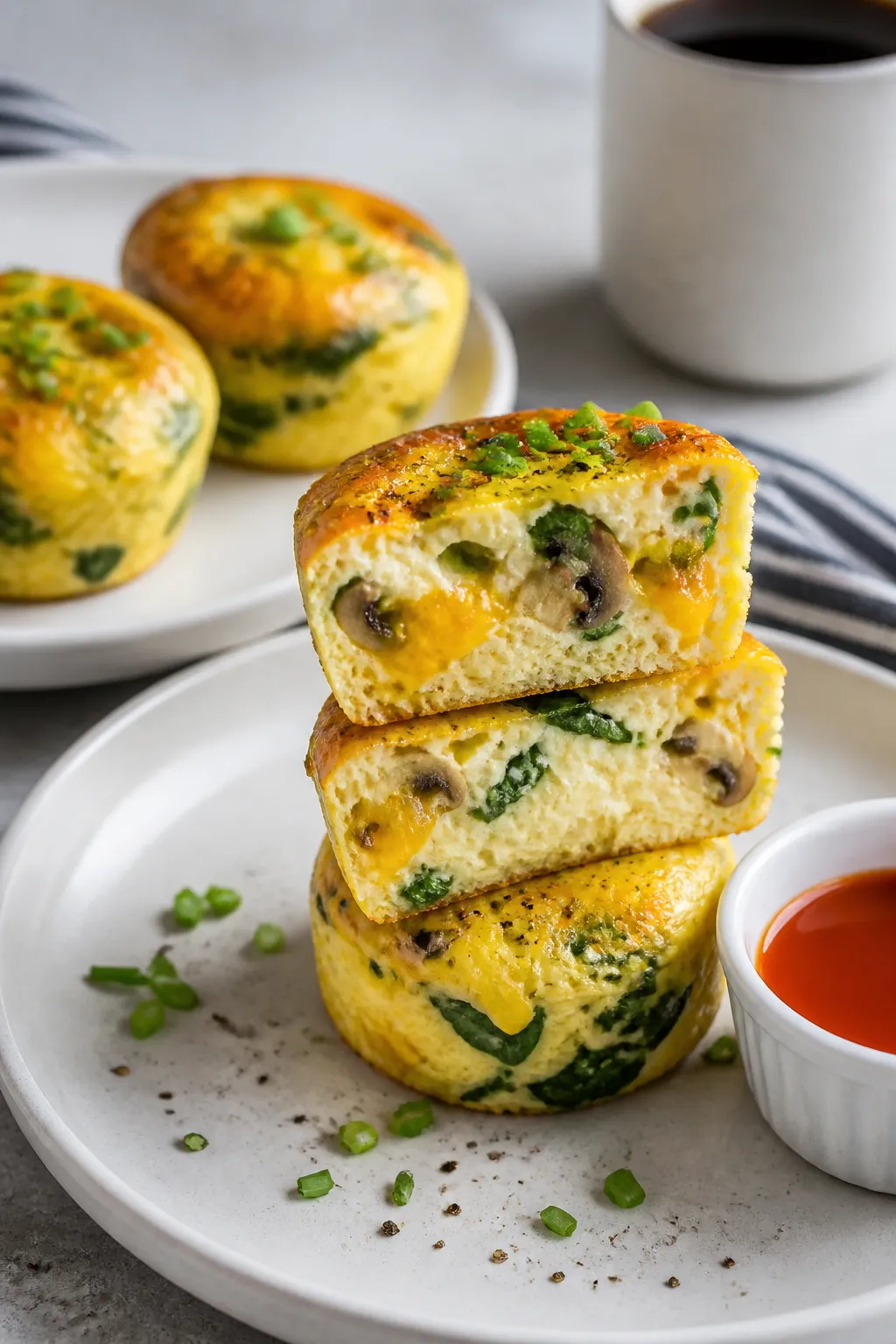 Close-up, plated final presentation of three fluffy egg bites stacked and halved to reveal a tender,