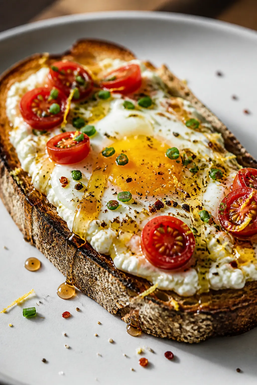 Close-up, shallow depth-of-field plated presentation of a single cottage cheese egg toast on a matte