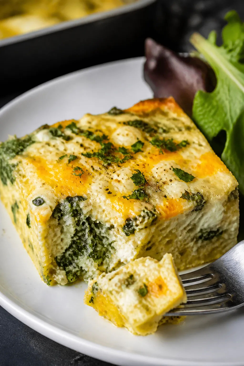 Close-up slice of the egg bake plated for serving: one generous square on a matte white plate with a