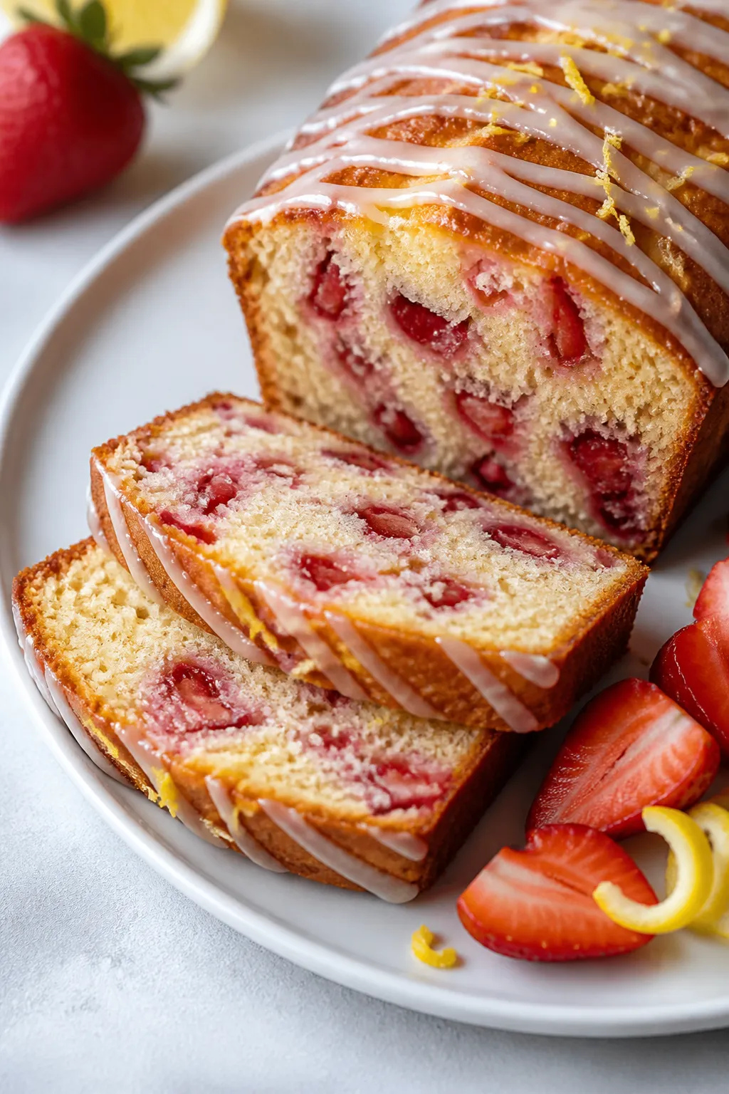 Close-up three-quarter angle of the fully cooled loaf sliced to reveal a moist, cake-like crumb with
