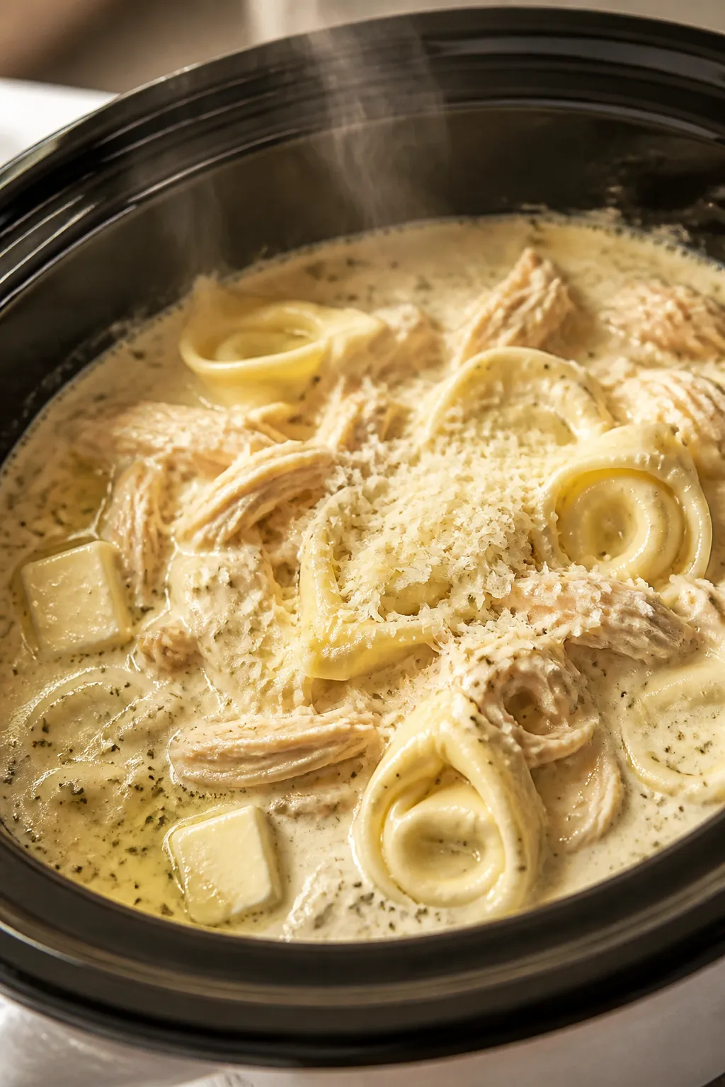Cooking process close-up: Crockpot chicken simmering in a creamy Alfredo sauce, shredded chicken jus