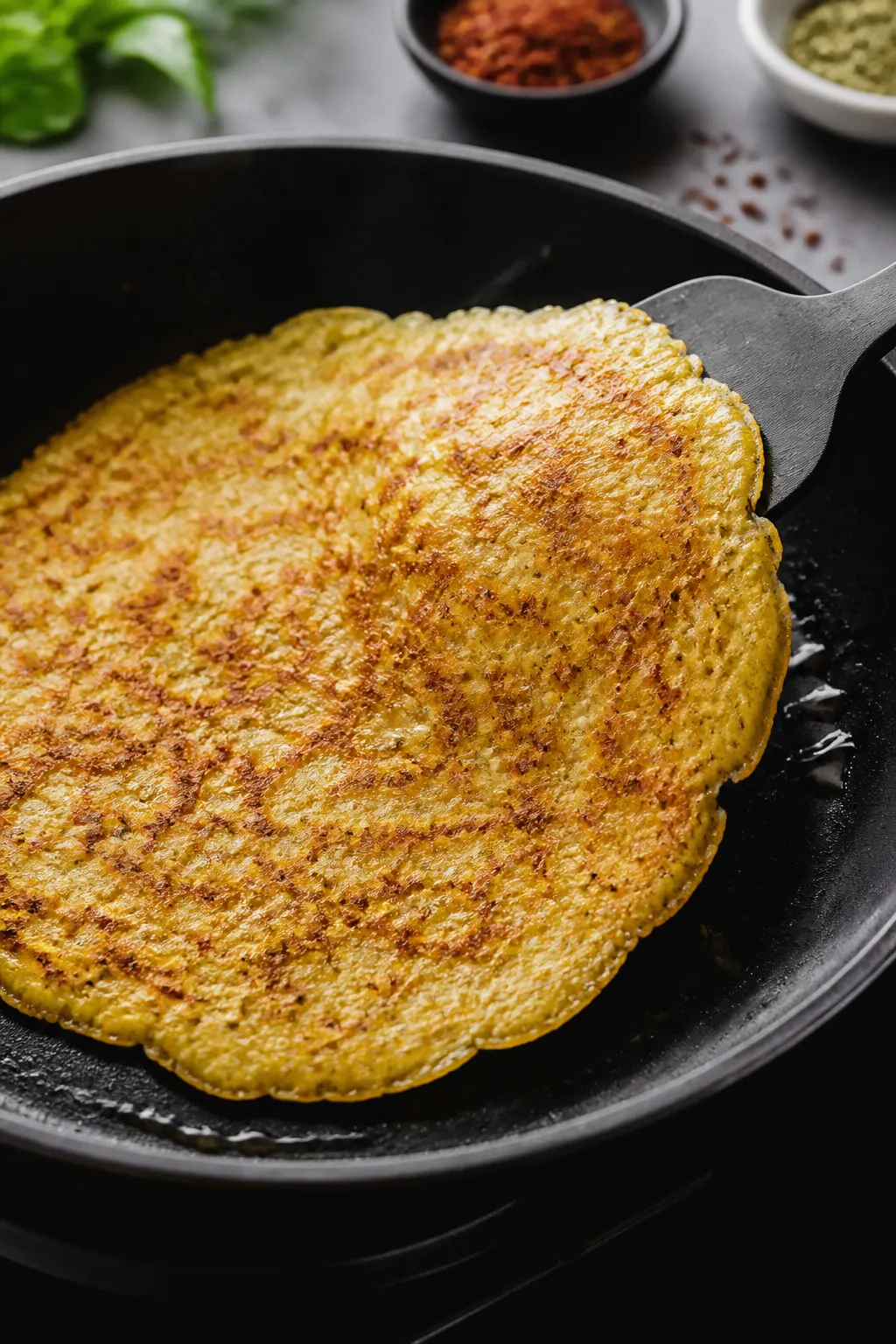 Cooking process, close-up detail: A golden, egg-and-cottage-cheese flatbread cooking in a nonstick s