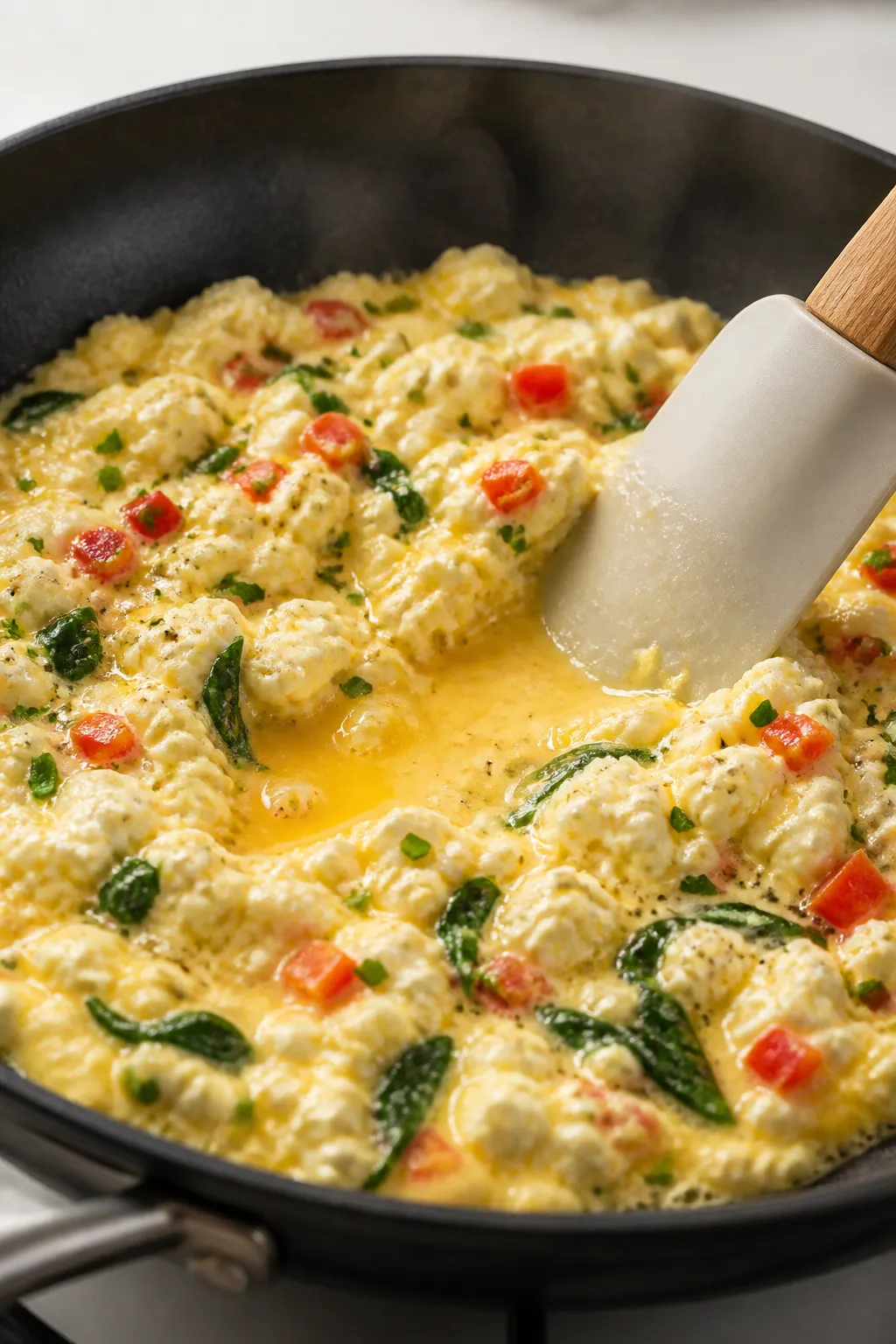 Cooking process, close-up detail: A nonstick skillet over medium-low heat with a just-set cottage ch