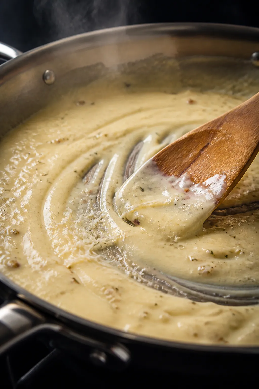 Cooking process, close-up detail: Creamy Alfredo sauce being whisked to a silky, glossy finish in a