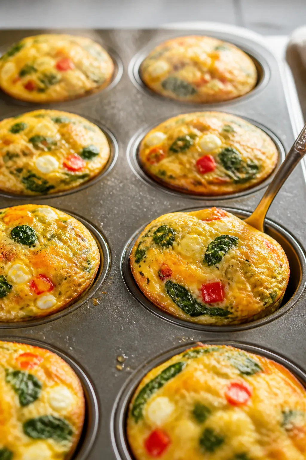 Cooking process, close-up detail: Golden, freshly baked egg cups still in a greased 12-cup muffin ti