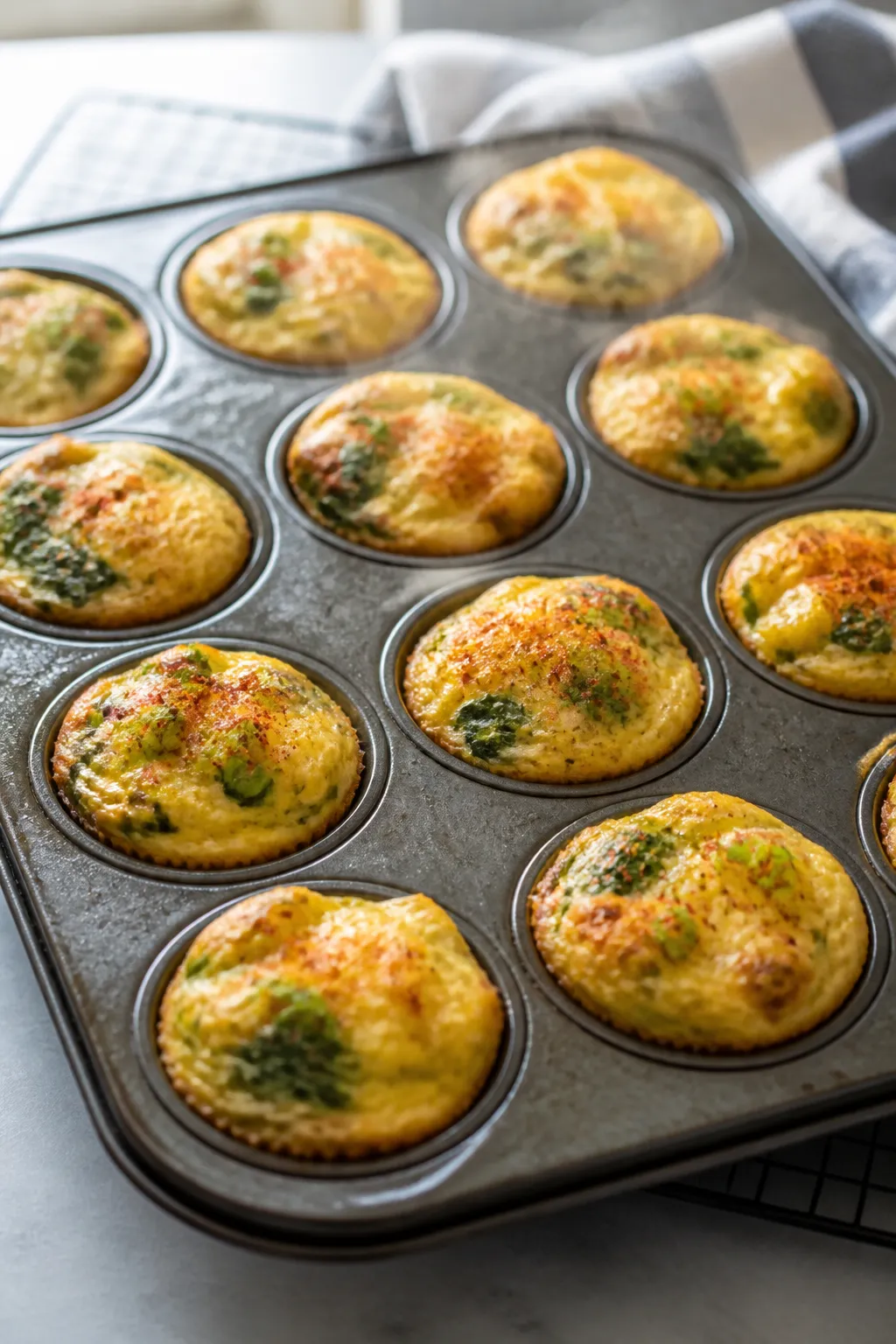 Cooking process, close-up detail: Golden, puffed cottage cheese egg bites just out of the oven in a