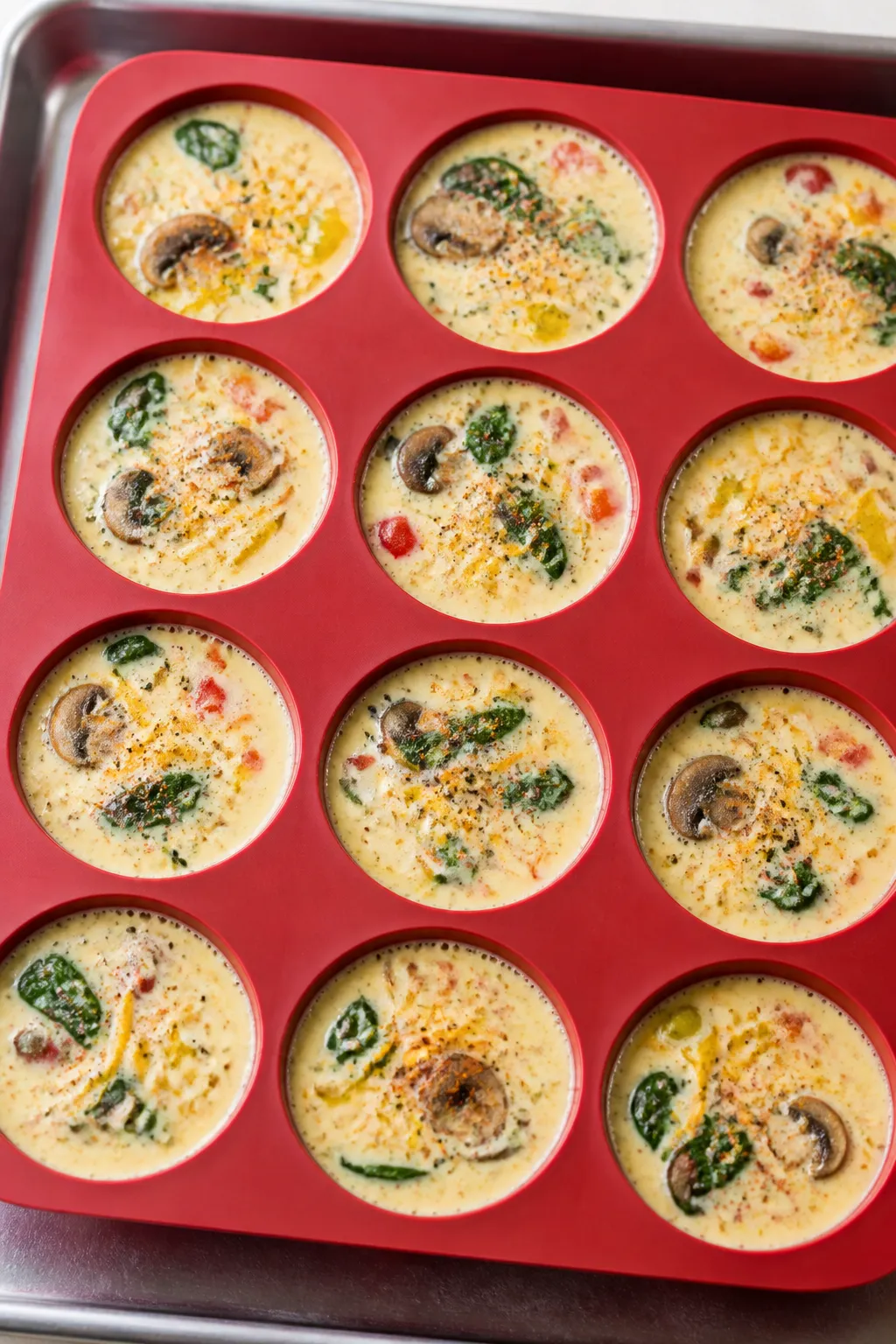 Cooking process, close-up detail: Silky egg bite mixture being poured into a greased silicone muffin
