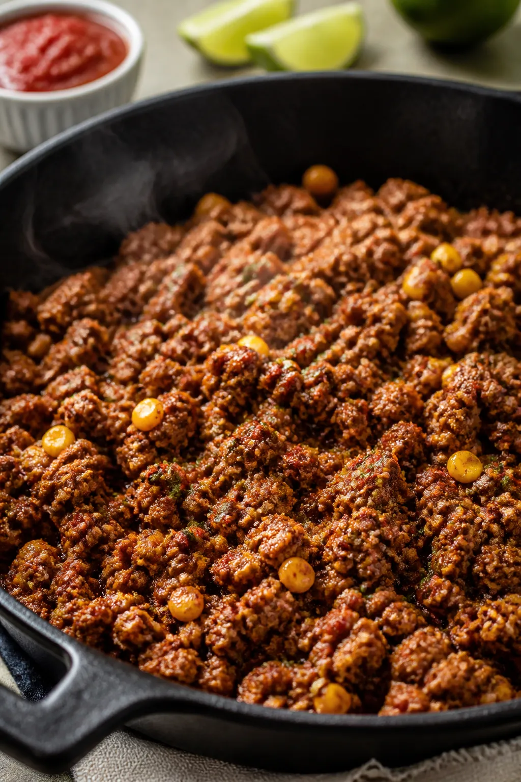 Cooking process, close-up detail: Skillet of browned ground beef tossed with taco seasoning, glisten