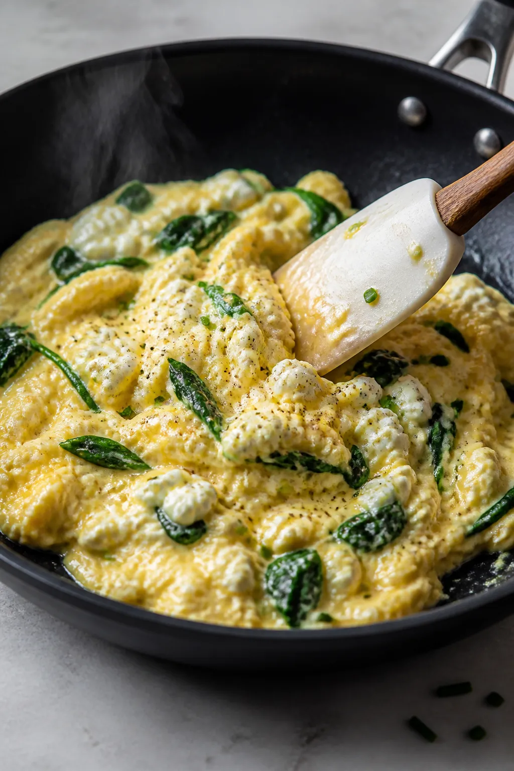 Cooking process, close-up detail: Soft scrambled eggs folded with small-curd cottage cheese in a non