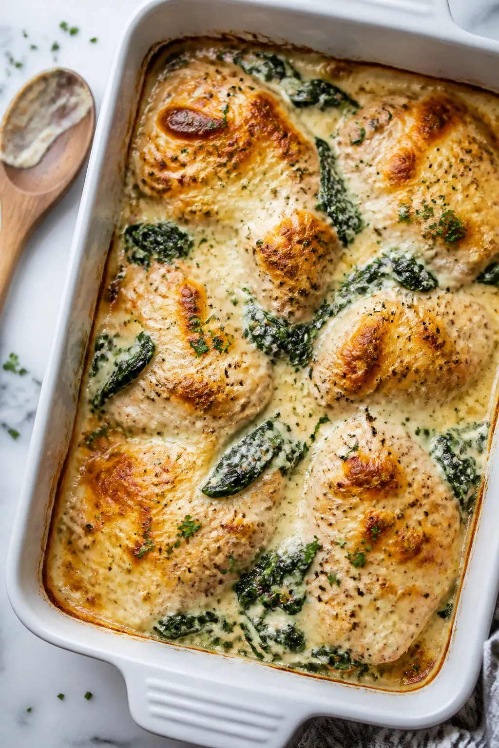 Cooking process close-up: Golden-bubbly keto alfredo chicken bake just out of the oven in a 9x13 whi