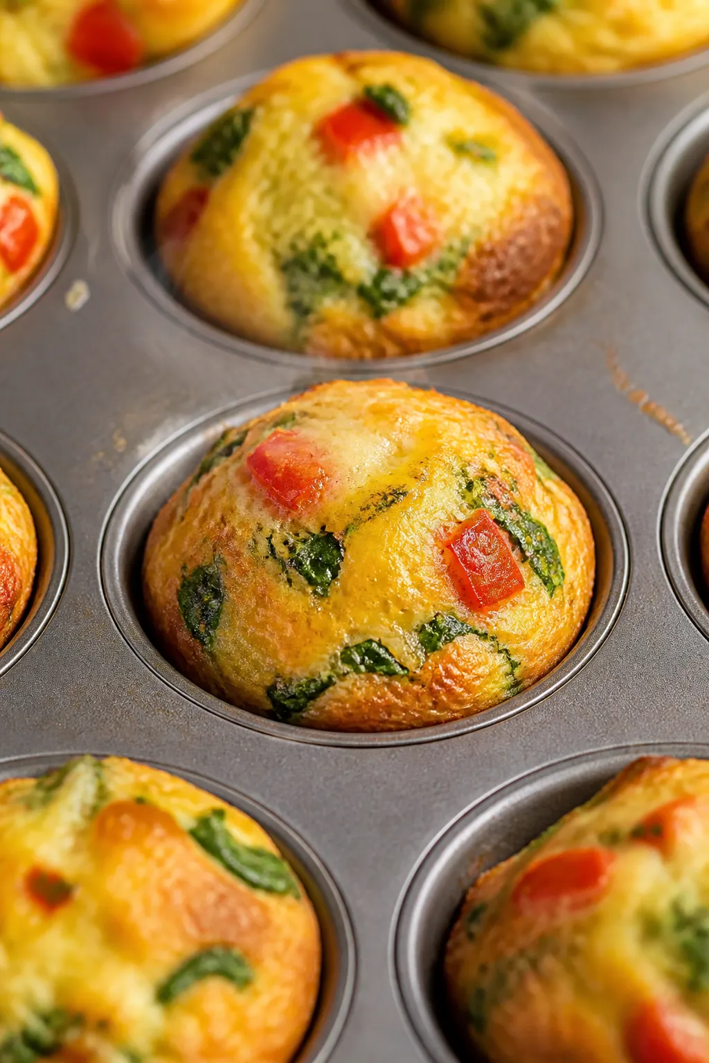 Cooking process close-up: Golden, just-baked cottage cheese egg muffins still in a greased 12-cup mu