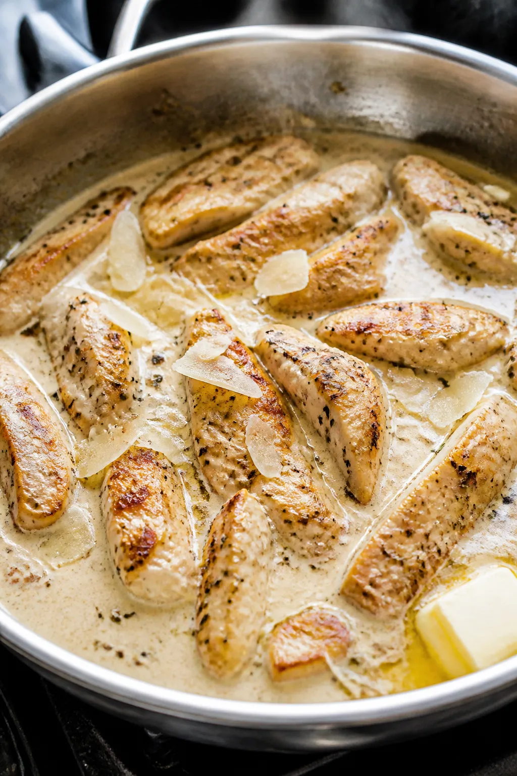 Cooking process close-up: Golden-seared chicken strips simmering in a creamy Alfredo sauce in a larg