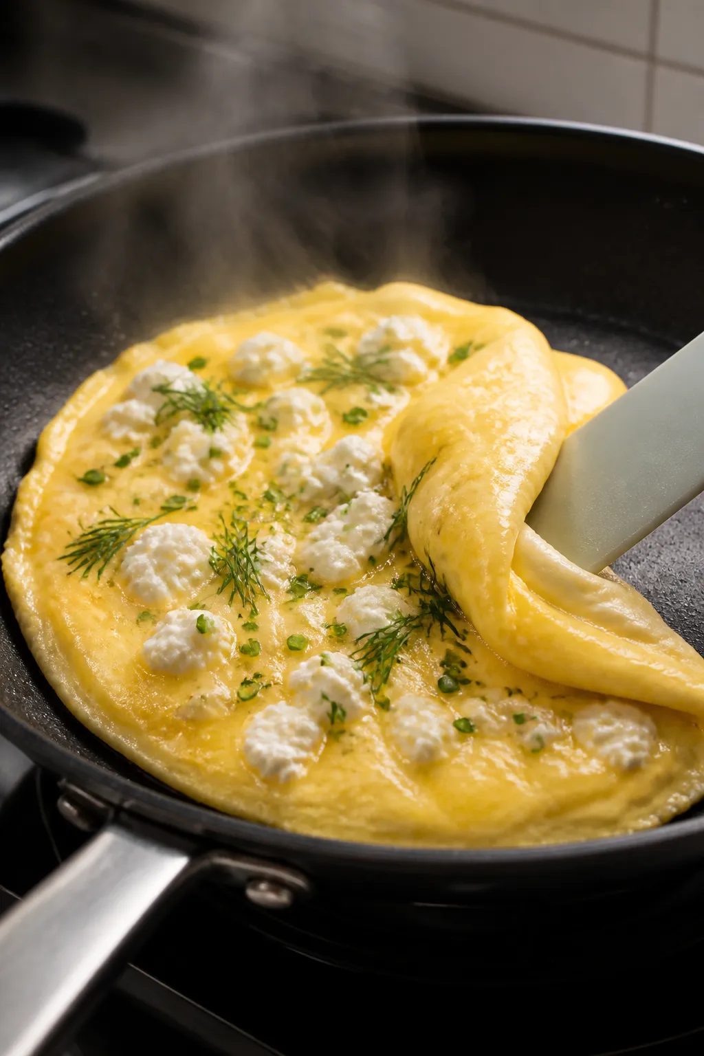 Cooking process close-up: Silky omelet with cottage cheese and herbs mid-cook in a nonstick skillet.