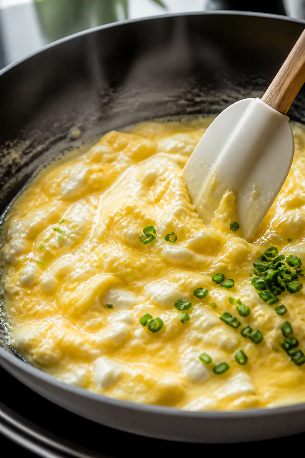 Cooking process close-up: Soft-scrambled cottage cheese eggs mid-cook in a nonstick skillet over med