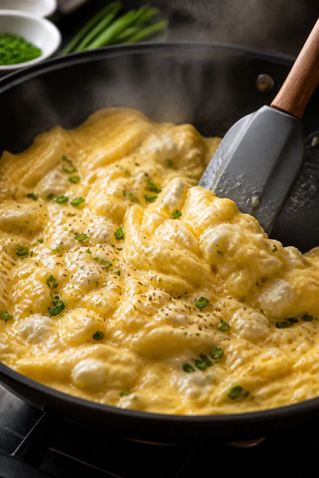 Cooking process, close-up: Soft scrambled eggs with cottage cheese gently setting in a nonstick skil