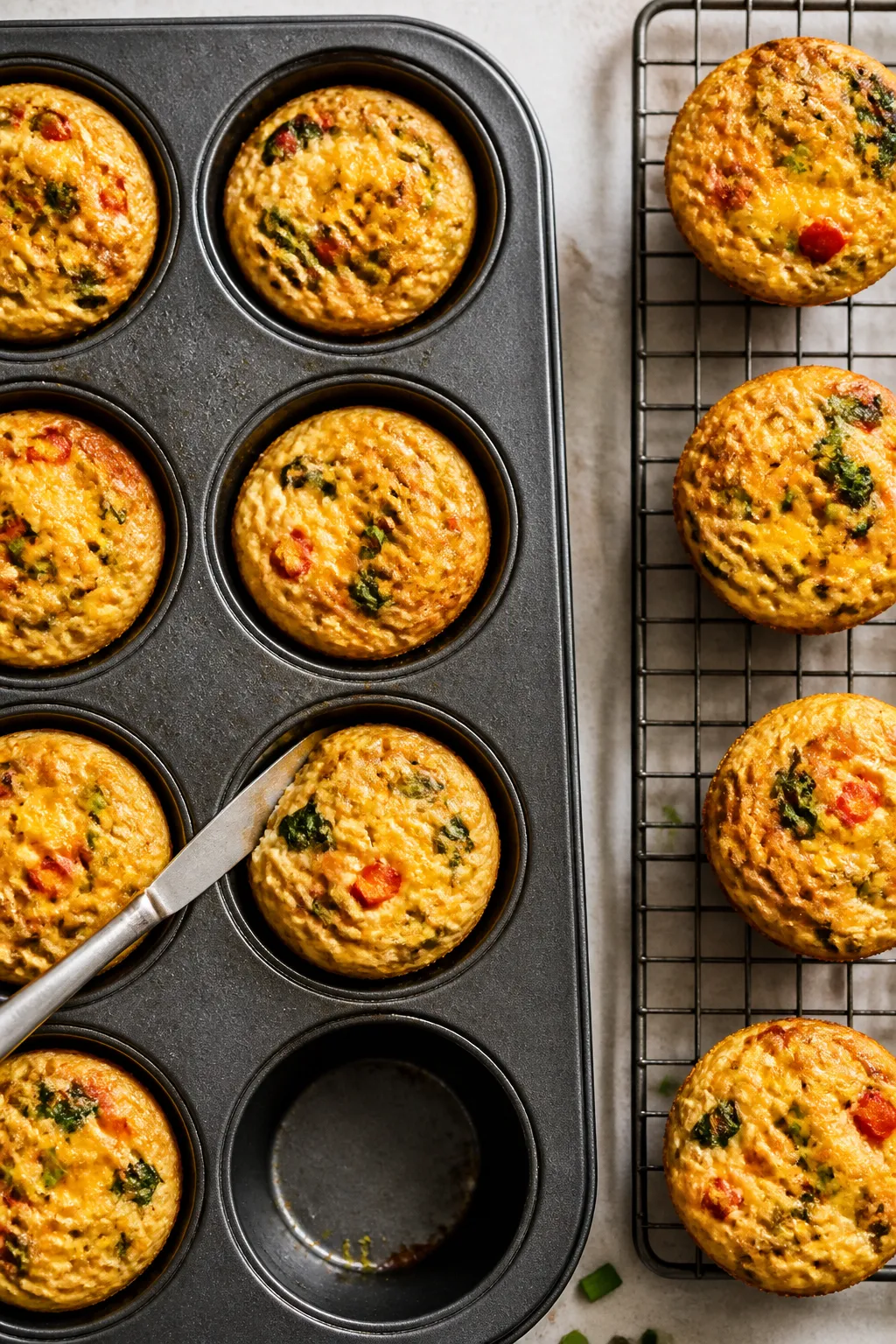 Cooking process, overhead: A 12-cup nonstick muffin tin just pulled from the oven at 350°F, filled