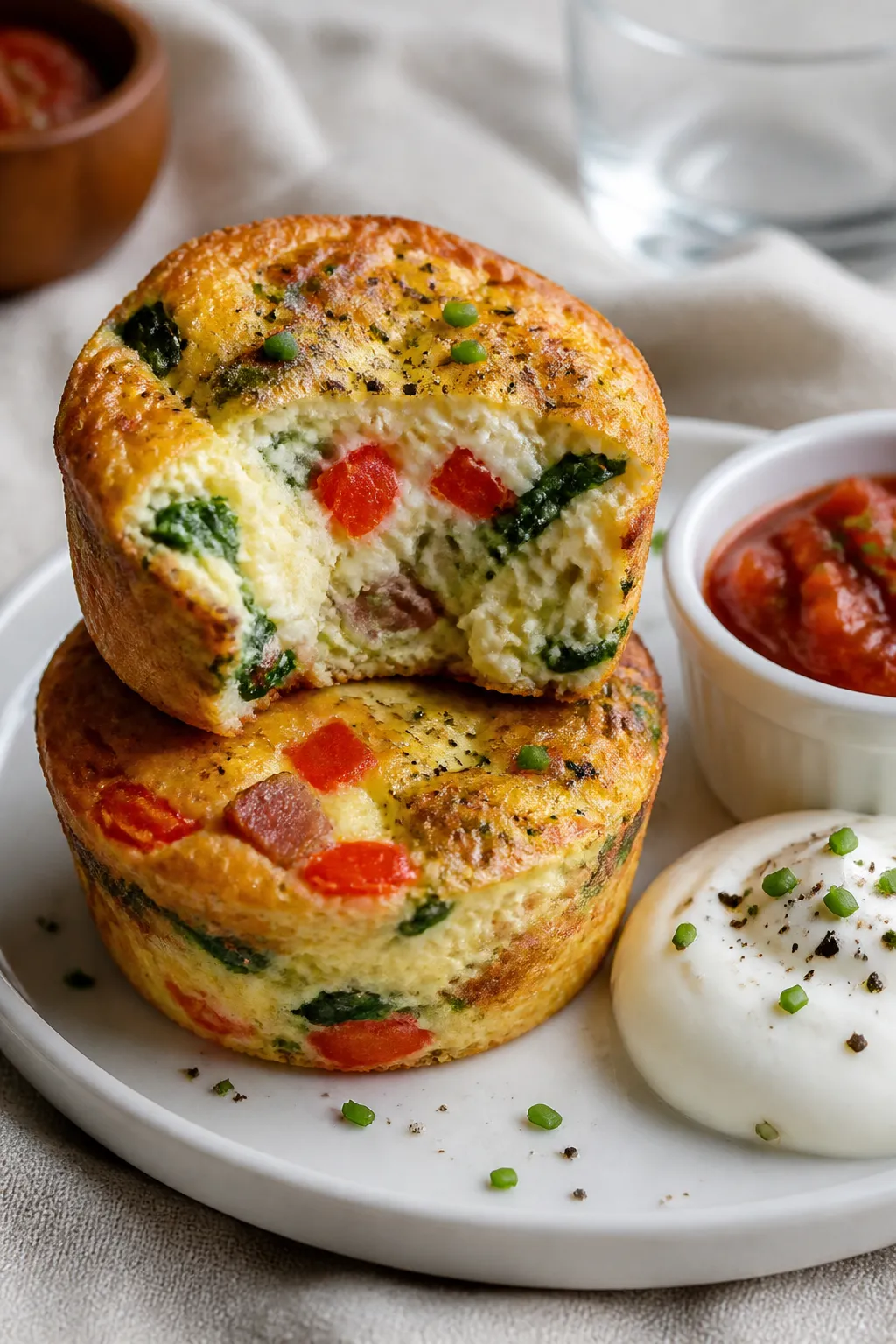 Final dish, close-up detail: A stack of two warm cottage cheese egg cups on a small matte white plat