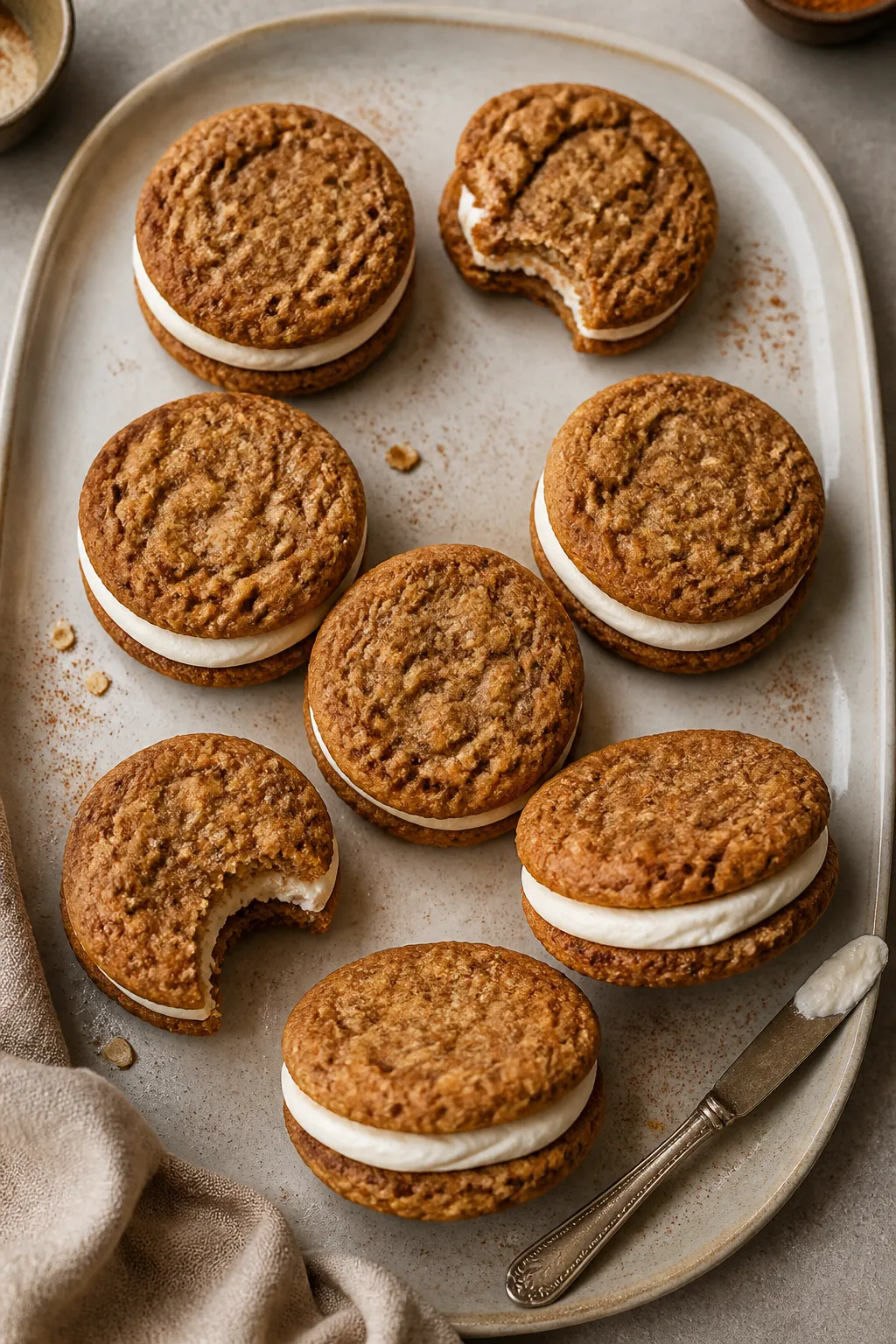 Final dish, overhead presentation: Overhead shot of assembled homemade oatmeal cream pies arranged i