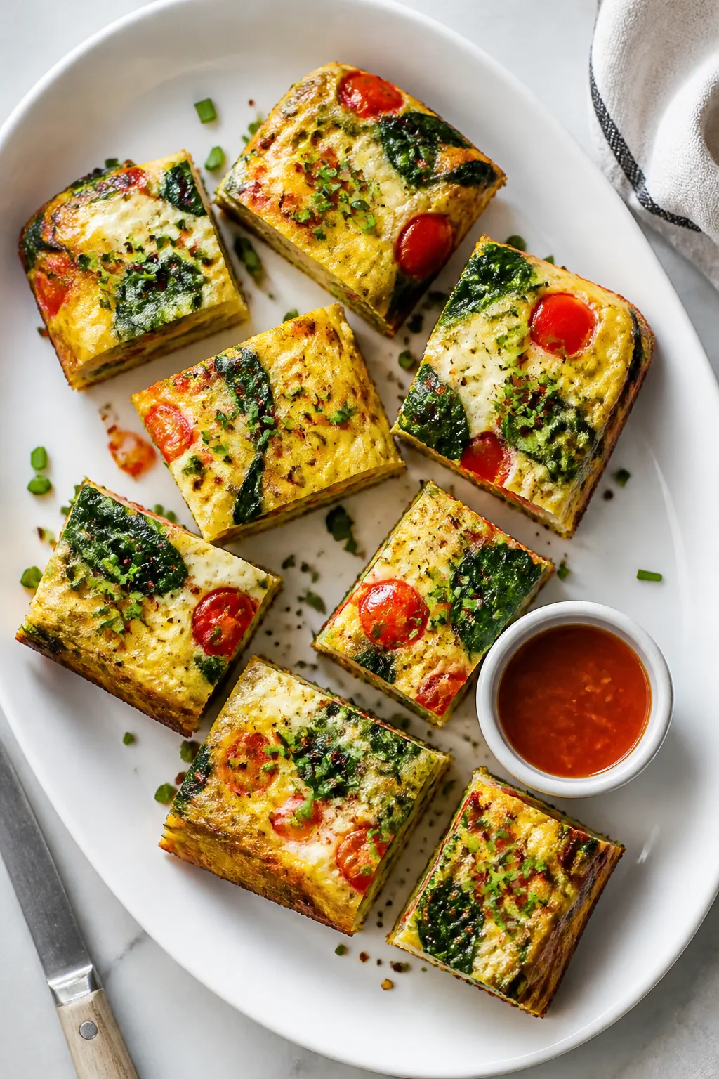 Final dish overhead: Sheet-pan egg squares sliced and arranged on a matte white platter, golden edge