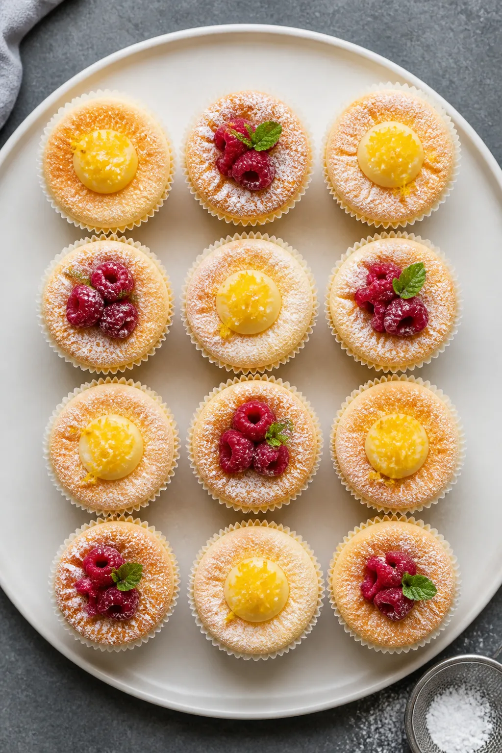 Final dish, overhead tasty top view: A neat grid of Japanese cotton cheesecake cupcakes fully cooled